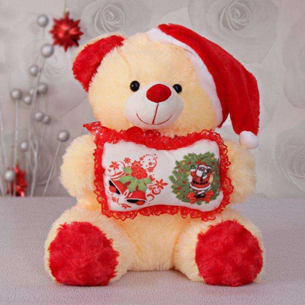 Peach 15 Inch Christmas Teddy Bear with cap and santa cushion